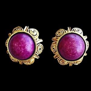 Vintage Gold Tone Clip-On Earrings With Purple Stone Accent
